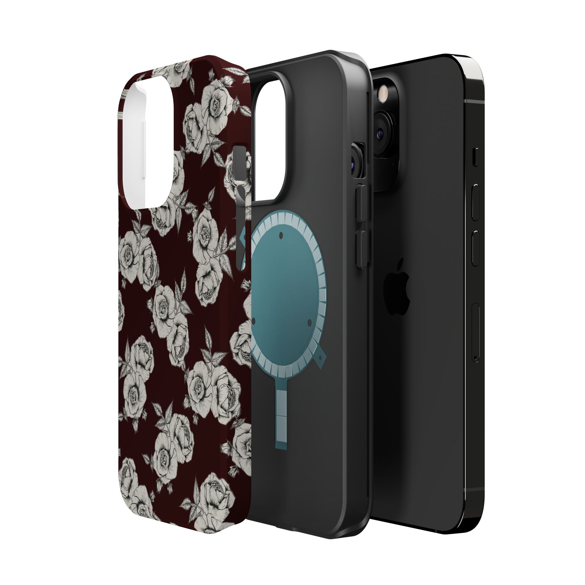 Rose Pattern Magnetic Impact-Resistant Phone Case — Burgundy Floral Protective Cover