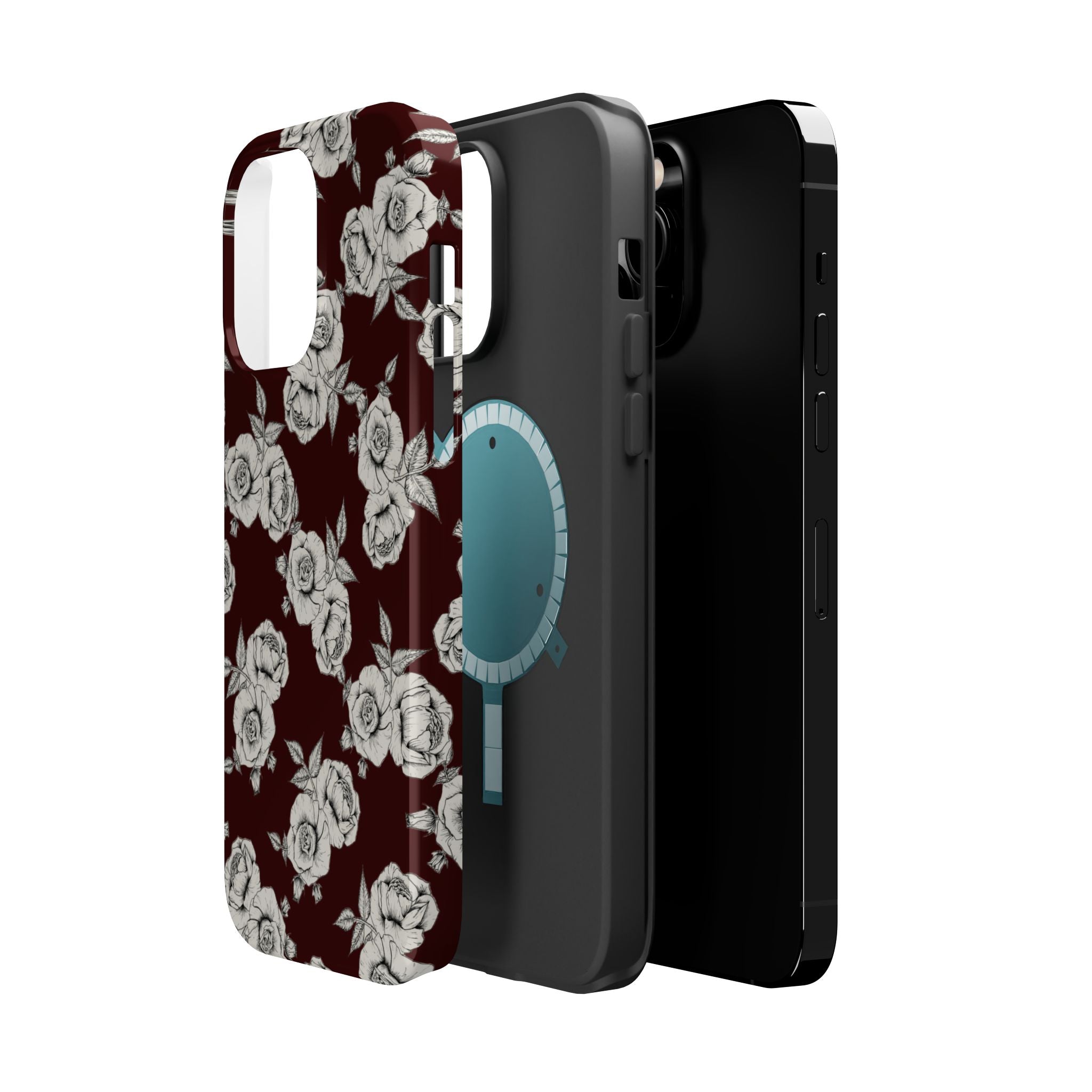 Rose Pattern Magnetic Impact-Resistant Phone Case — Burgundy Floral Protective Cover