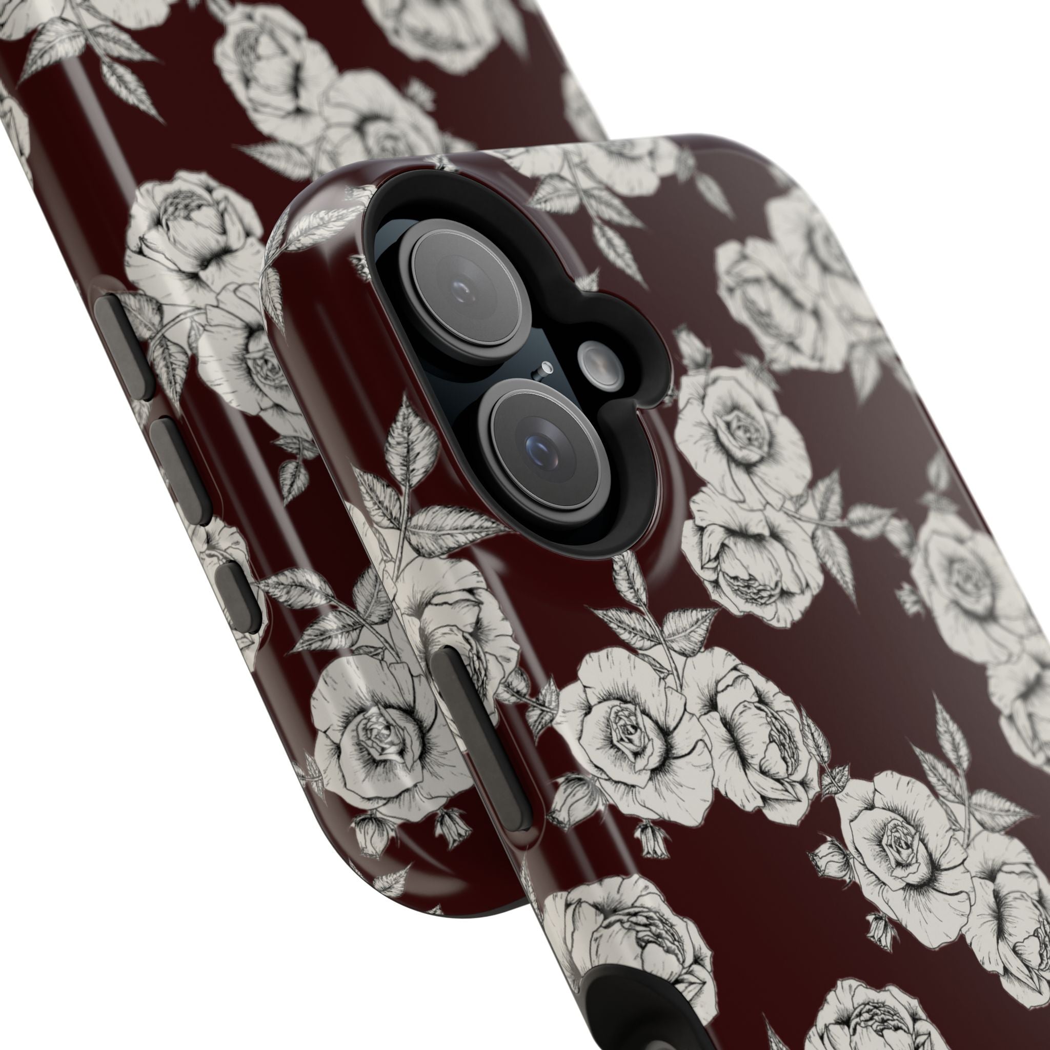 Rose Pattern Magnetic Impact-Resistant Phone Case — Burgundy Floral Protective Cover