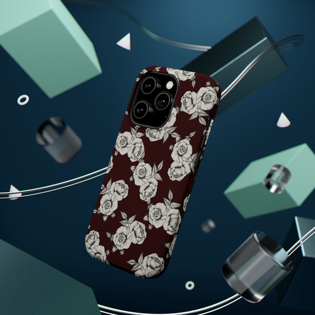 Rose Pattern Magnetic Impact-Resistant Phone Case — Burgundy Floral Protective Cover