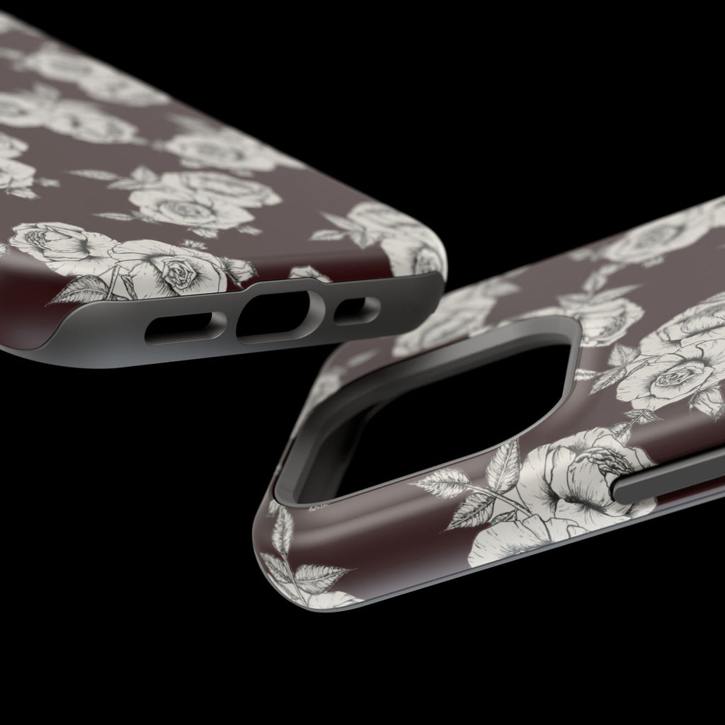 Rose Pattern Magnetic Impact-Resistant Phone Case — Burgundy Floral Protective Cover