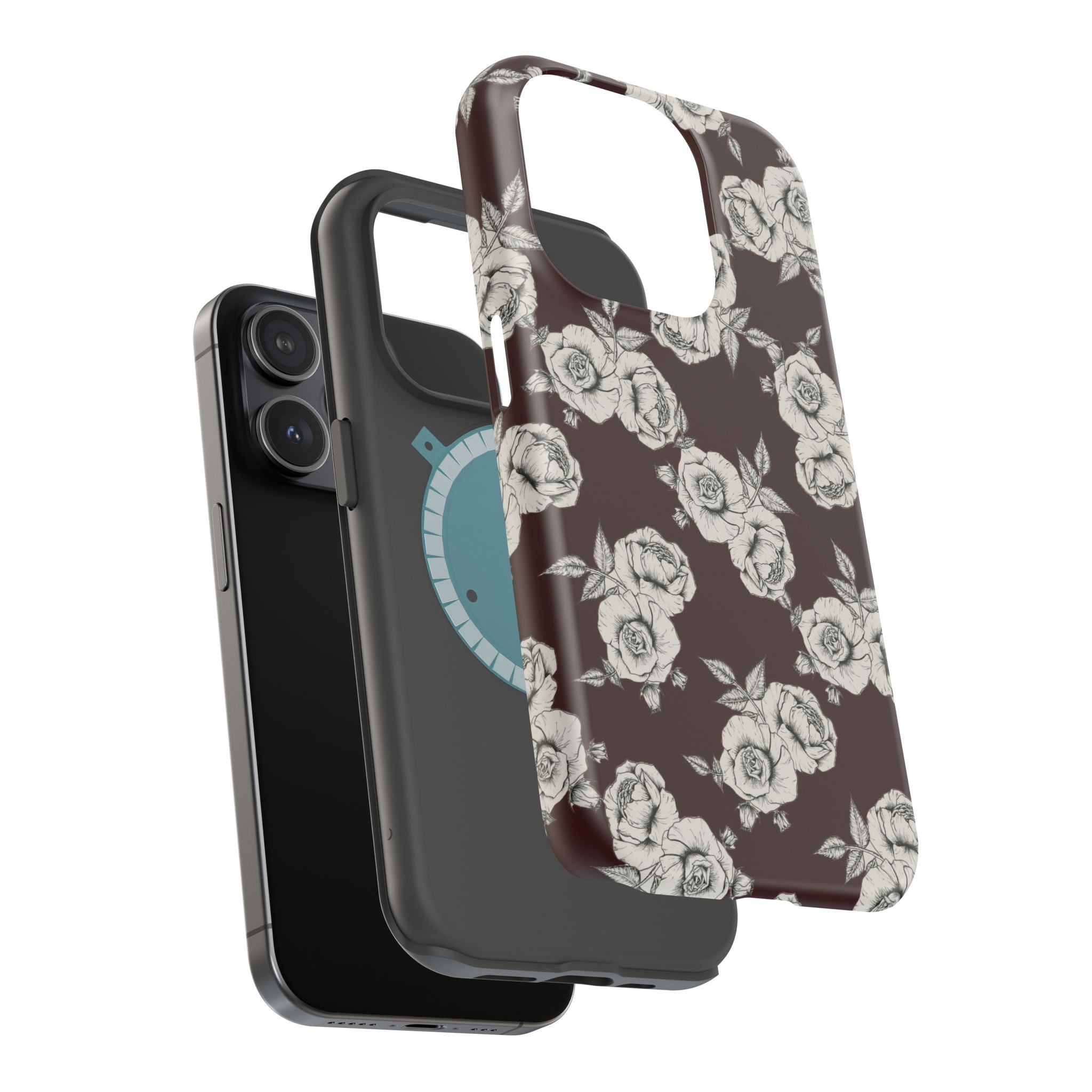 Rose Pattern Magnetic Impact-Resistant Phone Case — Burgundy Floral Protective Cover