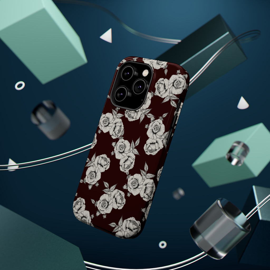 Rose Pattern Magnetic Impact-Resistant Phone Case — Burgundy Floral Protective Cover