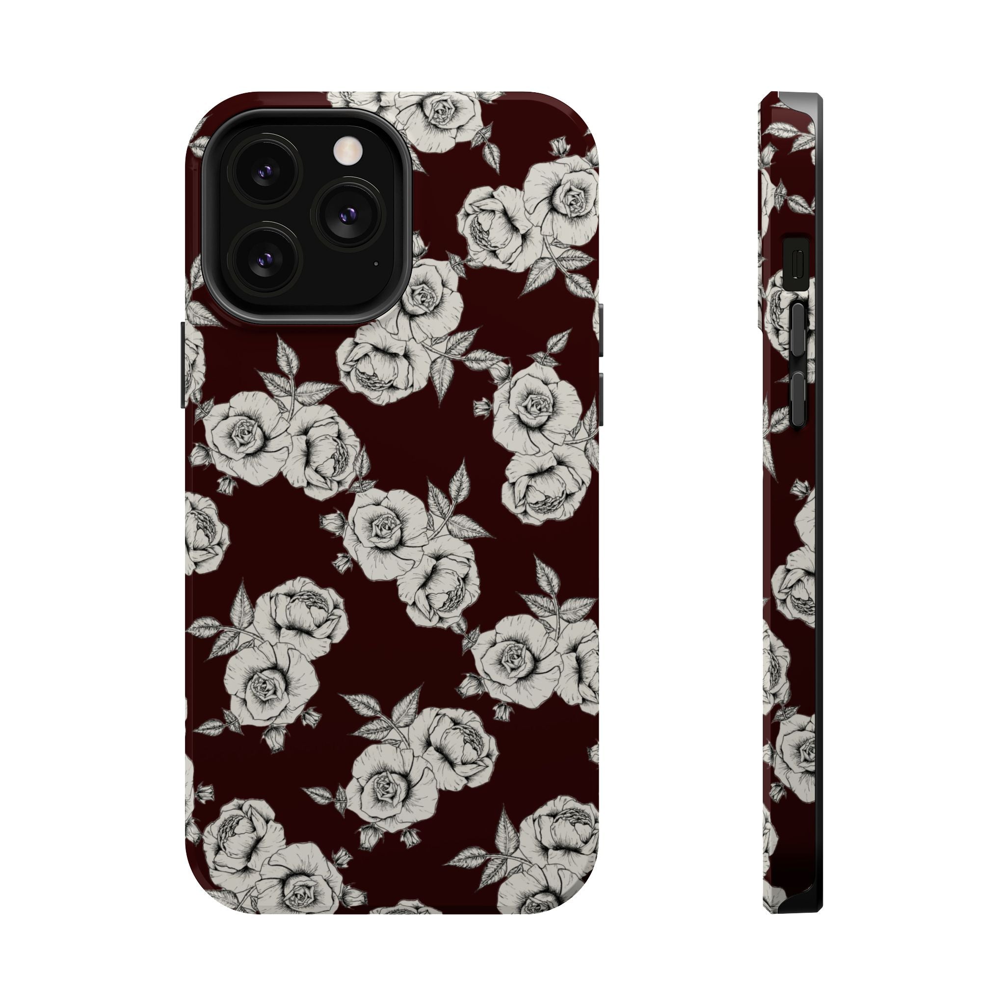 Rose Pattern Magnetic Impact-Resistant Phone Case — Burgundy Floral Protective Cover